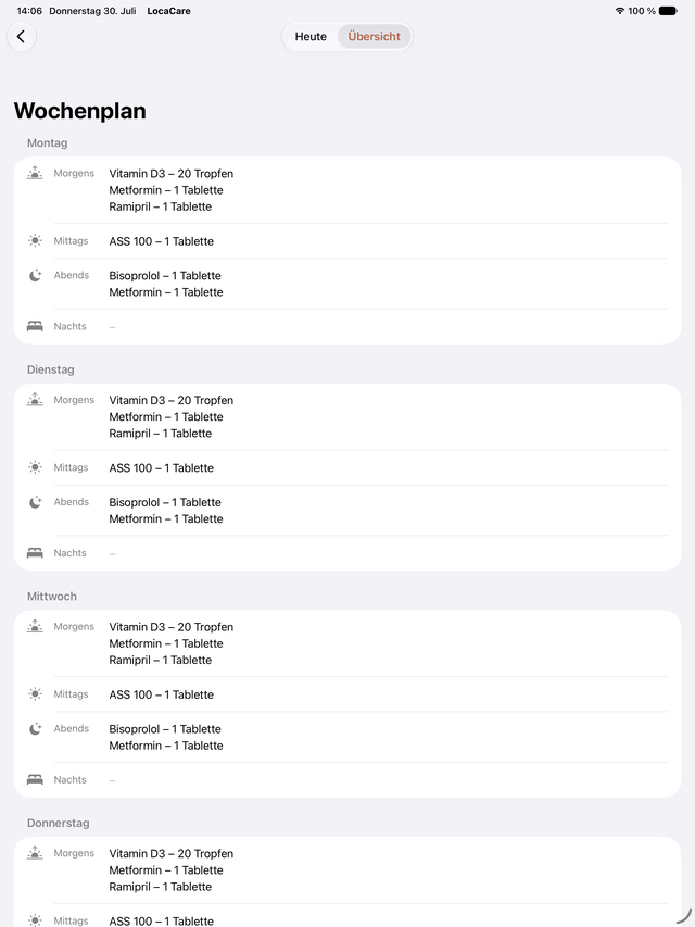 Medikamenten-Wochenplan in LocaCare auf dem iPad