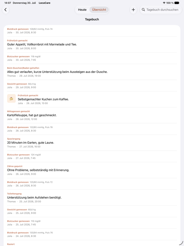 Pflegetagebuch in LocaCare auf dem iPad