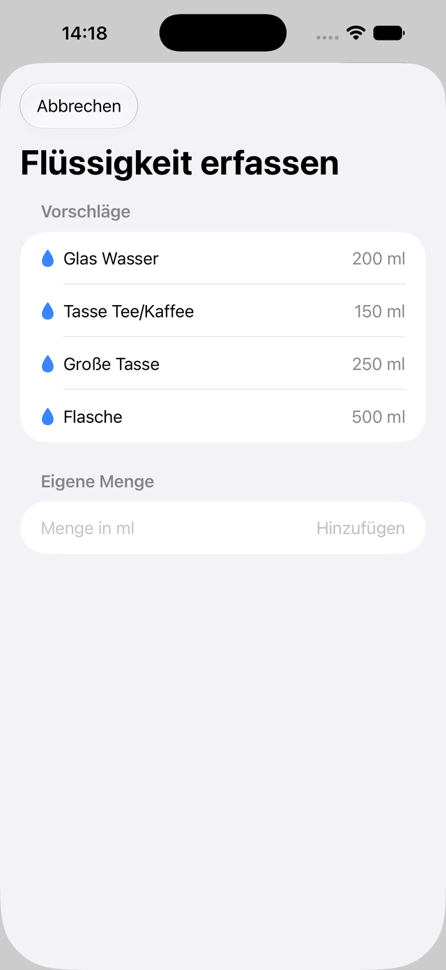 Flüssigkeit erfassen in LocaCare auf dem iPhone